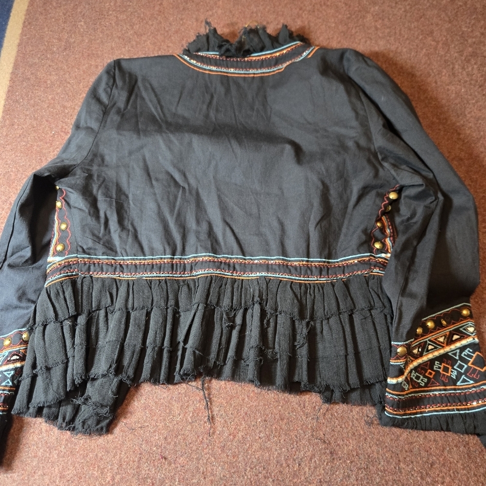 Love Sam Black Embroidered Ruffled Jacket with Blue and Orange Accents - Picture 11 of 12